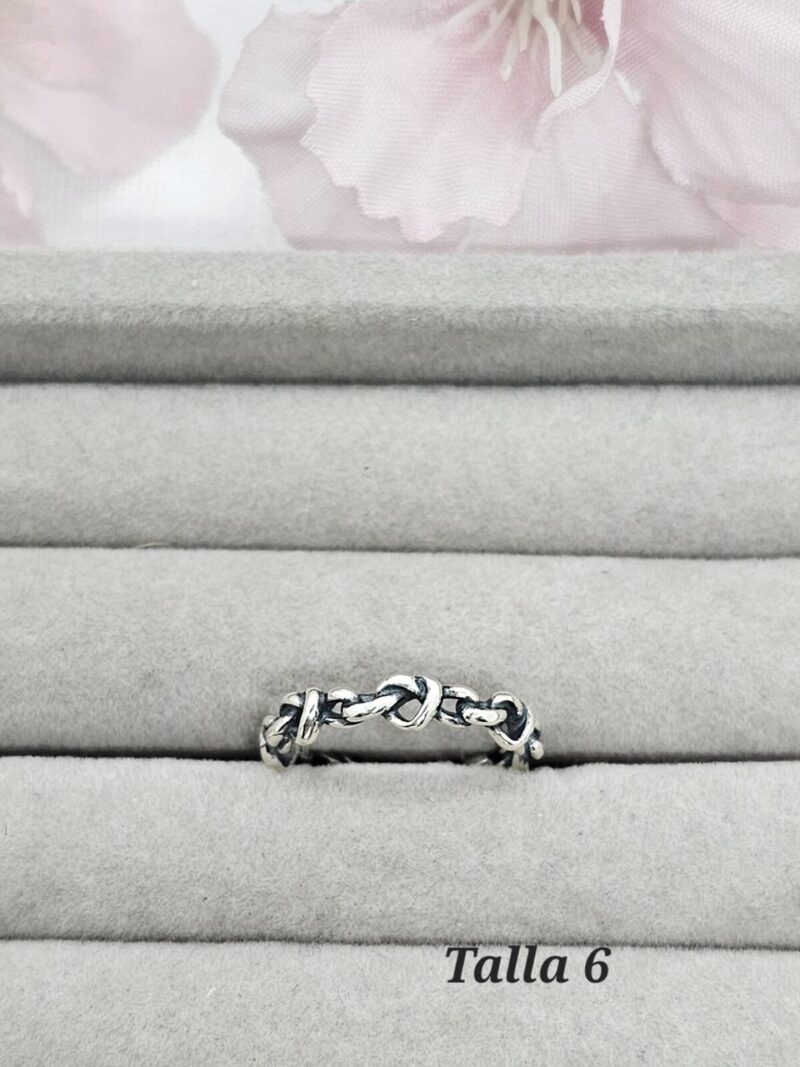 Anillo plata t6, diseño pandora, corazones entrelazados