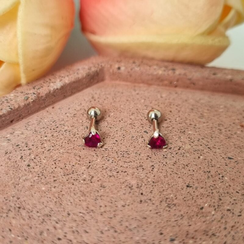 Aretes de bolita, mi corazón fucsia, plata