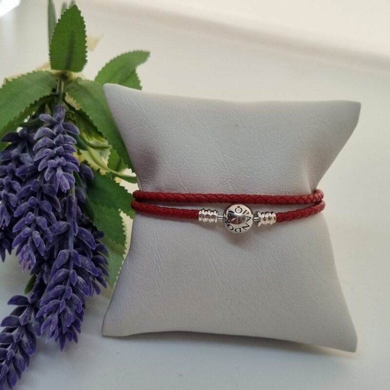 Pulsera doble, cuero rojo, broche redondo, Imitación Pandora T18,plata - Imagen 2