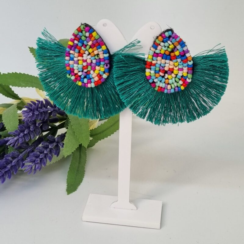 Aretes de pin, de colgar, gota multicolor con abanico verde