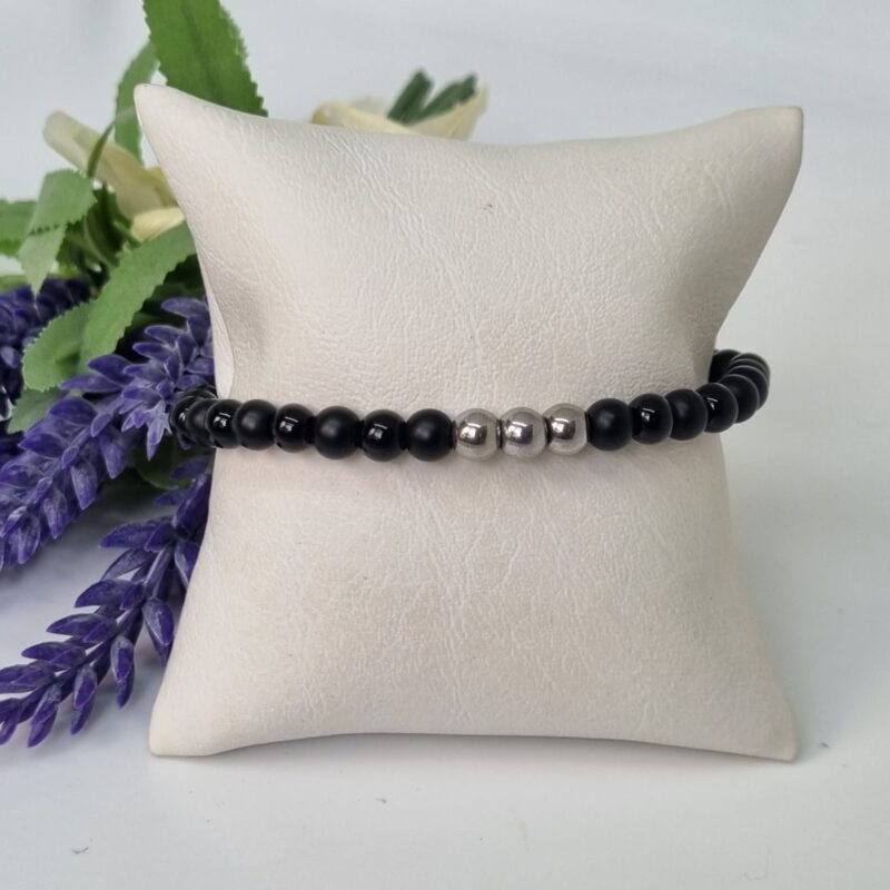 Pulsera ajustable piedra natural negra y gris centro