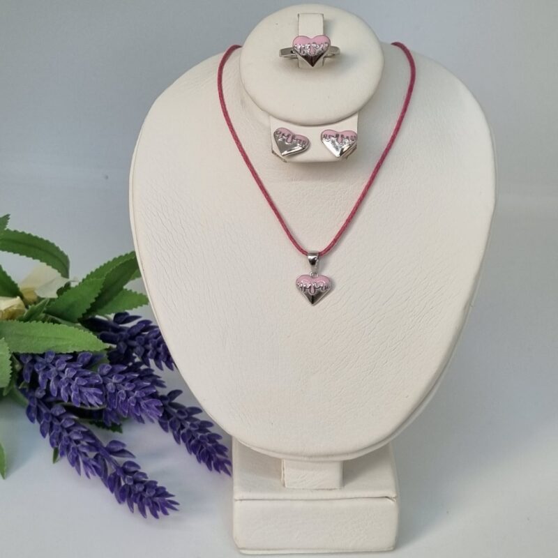 Set aretes,dije, anillo t4,corazón rosa, Premium Pandora,plata