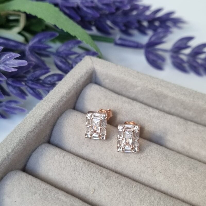 Aretes de pin, rectángulo de circonia, Pandora Premium, plata Rose Gold