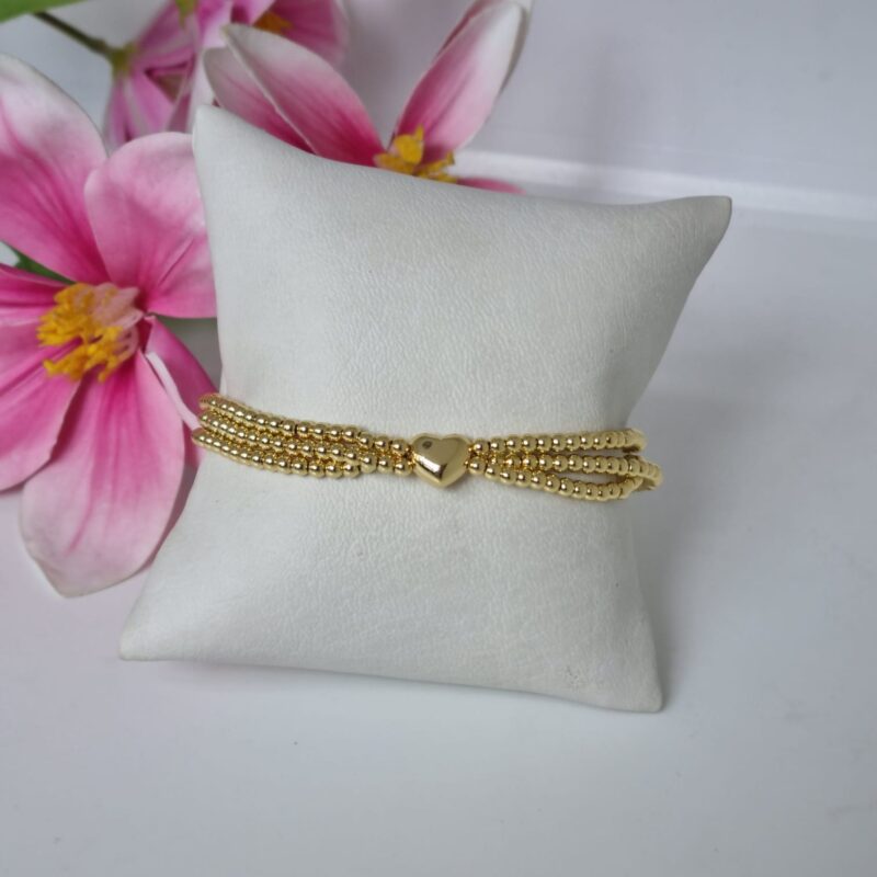 Pulsera ajustable 3 filas de bolitas, corazón centro, chapa de oro - Image 2
