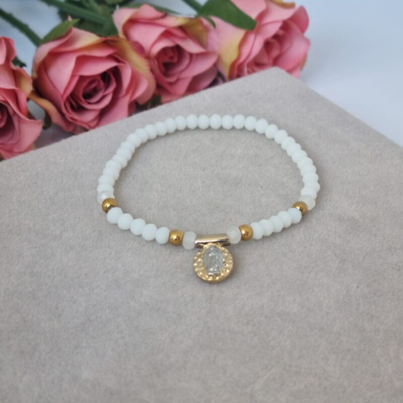 Pulsera elástica cristales blancos, dije bicolor VG acero, niña